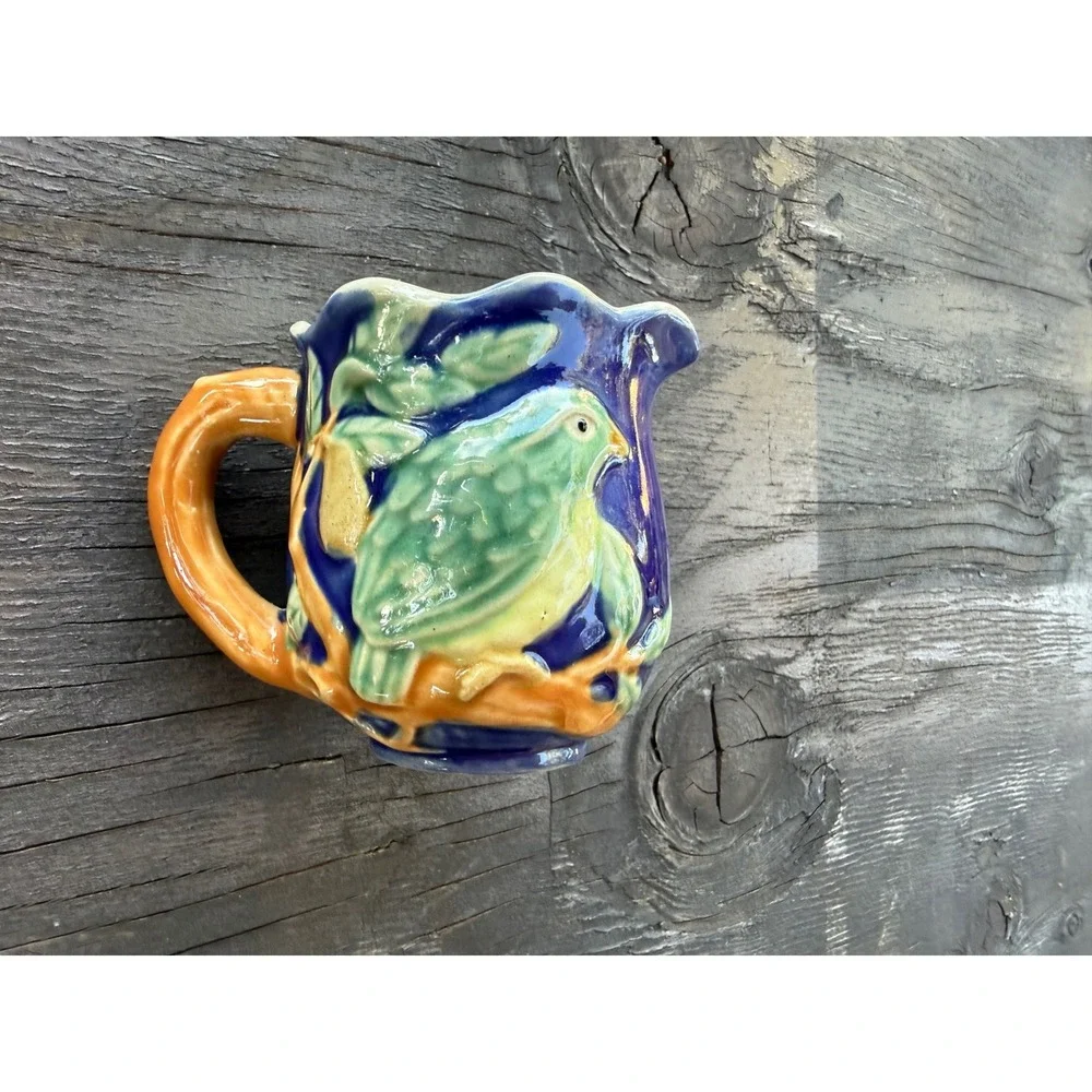 Henriksen Imports Classic Majolica Bird and Pear Handpainted Stoneware Creamer